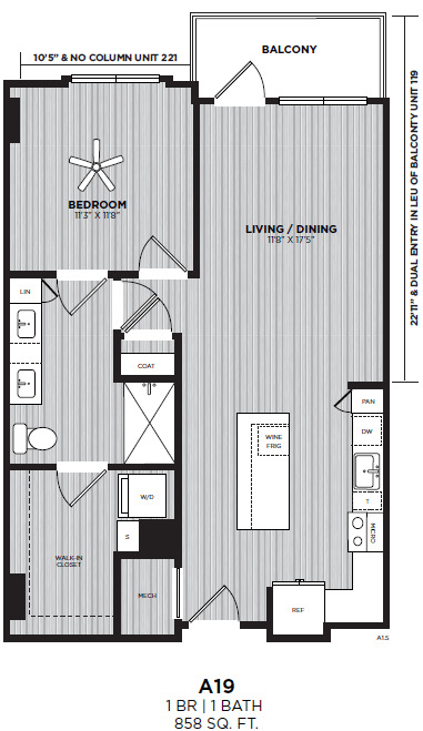 Floor plan for 1 bed, 1 bath, 858 sqft